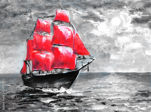 Naklejka - mata magnetyczna na lodówkę Scarlet sails, oil painting. Ship in ocean. Celebration in St. Petersburg, illustration on the novel