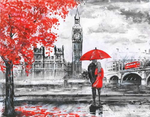 Nowoczesny obraz na płótnie .oil painting on canvas, street view of london, river and bus on bridge. Artwork. Big ben. man and woman under a red umbrella