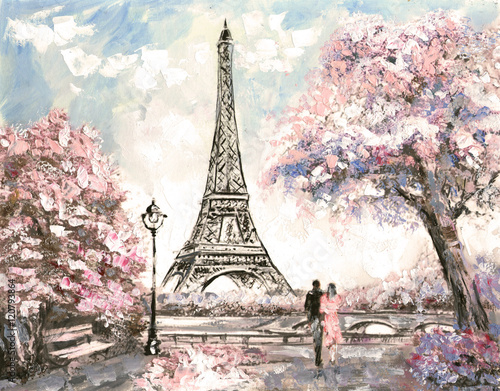 Fototapeta na wymiar Oil Painting, Street View of Paris. Tender landscape, spring