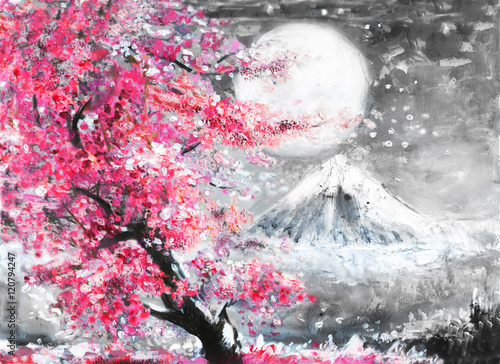 Obraz w ramie oil painting landscape with sakura and mountain, hand drawn illustration, Japan