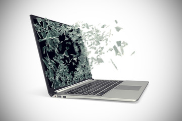 Wall Mural - Modern metal laptop with broken screen isolated on white background. 3d illustration