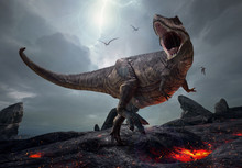 3D Rendering Of The King Of Dinosaurs, Tyrannosaurus Rex, In A Harsh Prehistoric World.