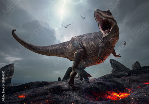 Fotografering  3D rendering of the king of dinosaurs, Tyrannosaurus Rex, in a harsh prehistoric world