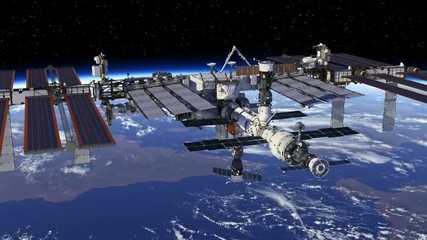 Wall Mural - Flying Around International Space Station. 3D Animation.