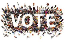 People That Vote. Large Group Of People Walking To And Forming The Shape Of The Word Text Vote On A White Background. 3d Rendering