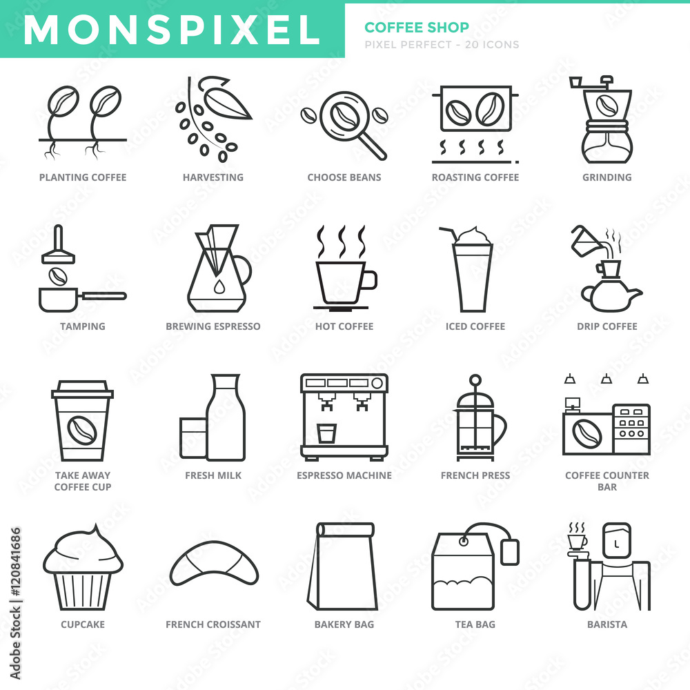 Flat thin line Icons set of Coffee Shop. Pixel Perfect Icons. Simple ...