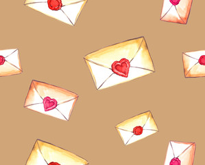 Seamless pattern with old-fashoined mail envelopes painted in watercolor on light brown isolated background