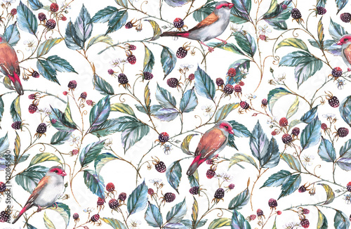 Nowoczesny obraz na płótnie Hand-drawn watercolor seamless pattern with natural motives: blackberry branches, leaves, berries and wild birds - finches. Repeated background, print for the textile and wallpapers