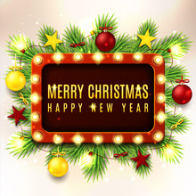 Christmas Illustration With Red And Yellow Toys And Garland On The Fir-tree Branches. Elegant Vector Banner With A Congratulation. Retro Symbol With Glowing Lamps. Beautiful Backdrop In Vintage Style.