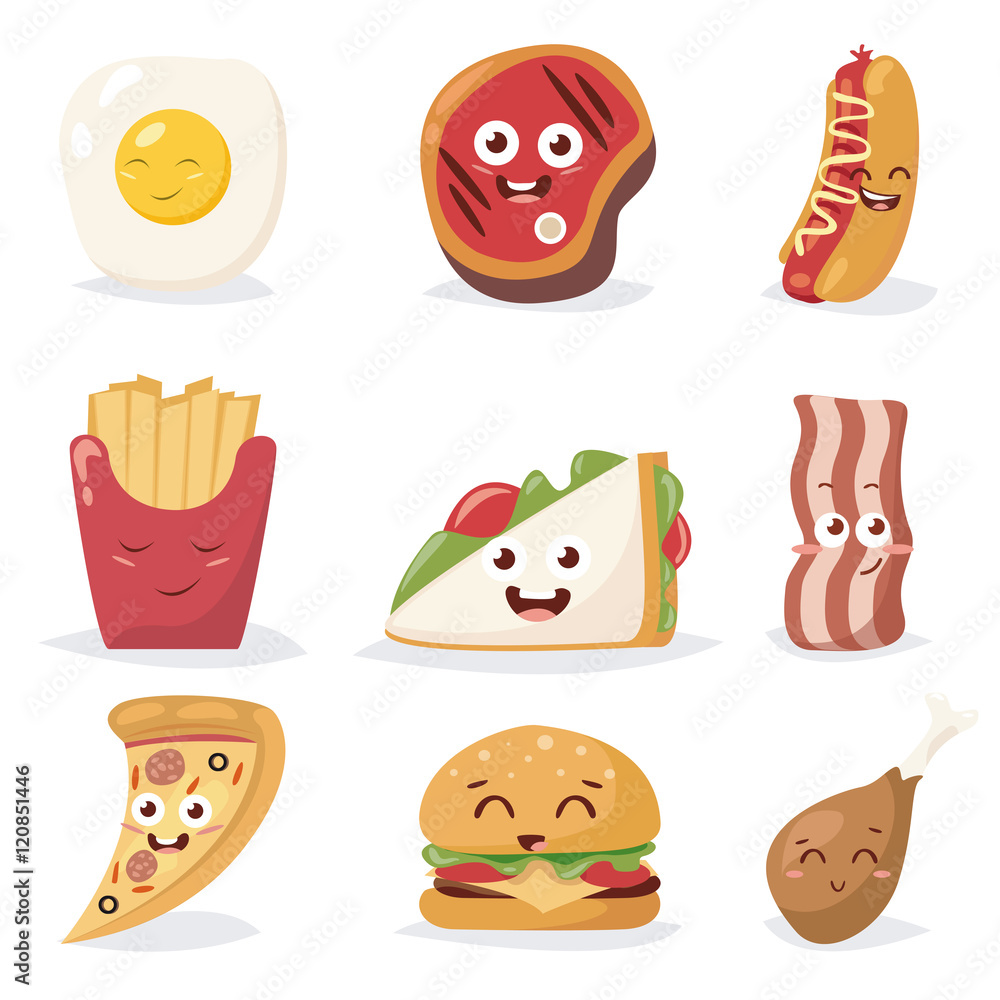 Fast food colorful emoticon face flat design icons set. Emoticon fast food  funny elements vector character. Different emotions collection fast food  characters smile fun unhealthy steak bacon. Stock Vector | Adobe Stock, image size:1000x1000