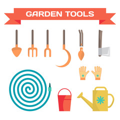 set of various gardening items. garden tools. flat design illust