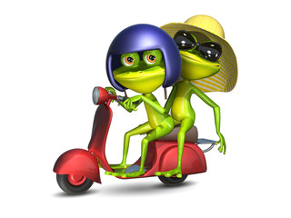 Poster - 3D Illustration of a Frogs on a Red Motor Scooter