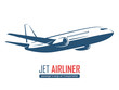 Jet airliner, airplane emblem, label, icon, badge, silhouette on white background. Vector illustration.