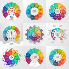 Set of 9 circle infographic templates with 10 options, steps, parts, processes. Business concept for graphs, charts, diagrams. Vector illustration.