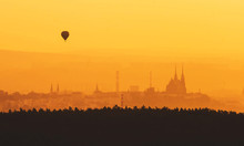 Morning over Brno - Czech Republic, Sunset over the City, Silhouette of Cathedral Petrov and Hot Air Balloon
