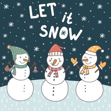 Let It Snow Christmas Card With Cute Snowmen And Falling Snow