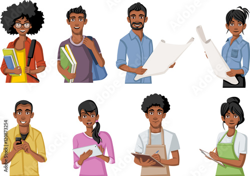 Group of cartoon black people. African teenagers.