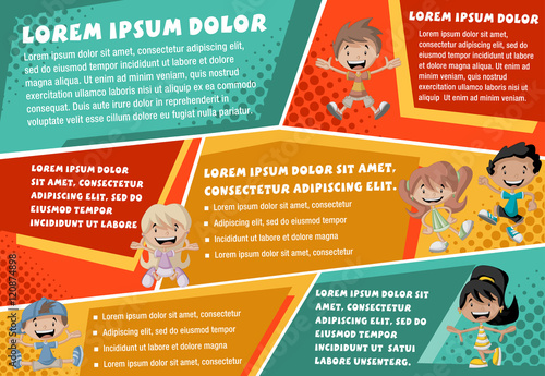 Vector brochure backgrounds with cartoon children. Infographic template design.
