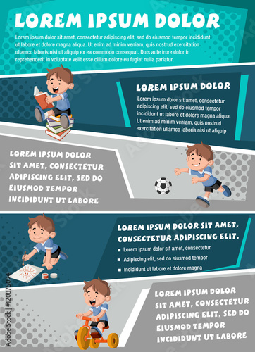 Vector brochure backgrounds with happy cartoon boy playing. Infographic templ...