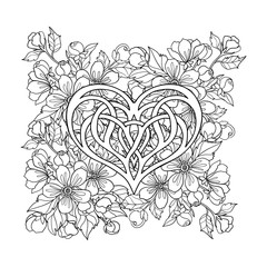 Apple tree flowers pattern with Love Heart. Good for coloring book for adult and older children or like greeting card for birthday, Valentines day or wedding. Vector illustration. Outline drawing.