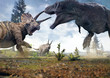 3D rendering of Tyrannosaurus Rex facing off against a Triceratops herd in Hell Creek about 67 million years ago.