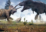 Fototapeta  - 3D rendering of Tyrannosaurus Rex facing off against a Triceratops herd in Hell Creek about 67 million years ago.