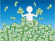 Cash Windfall - Jubilant person waist deep in a mound or pile of money celebrating the windfall
