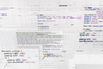 Abstract programming background with code lines and 3d rendering of random extruded square shapes. Extruded reflective surface with pieces of software developing code.
