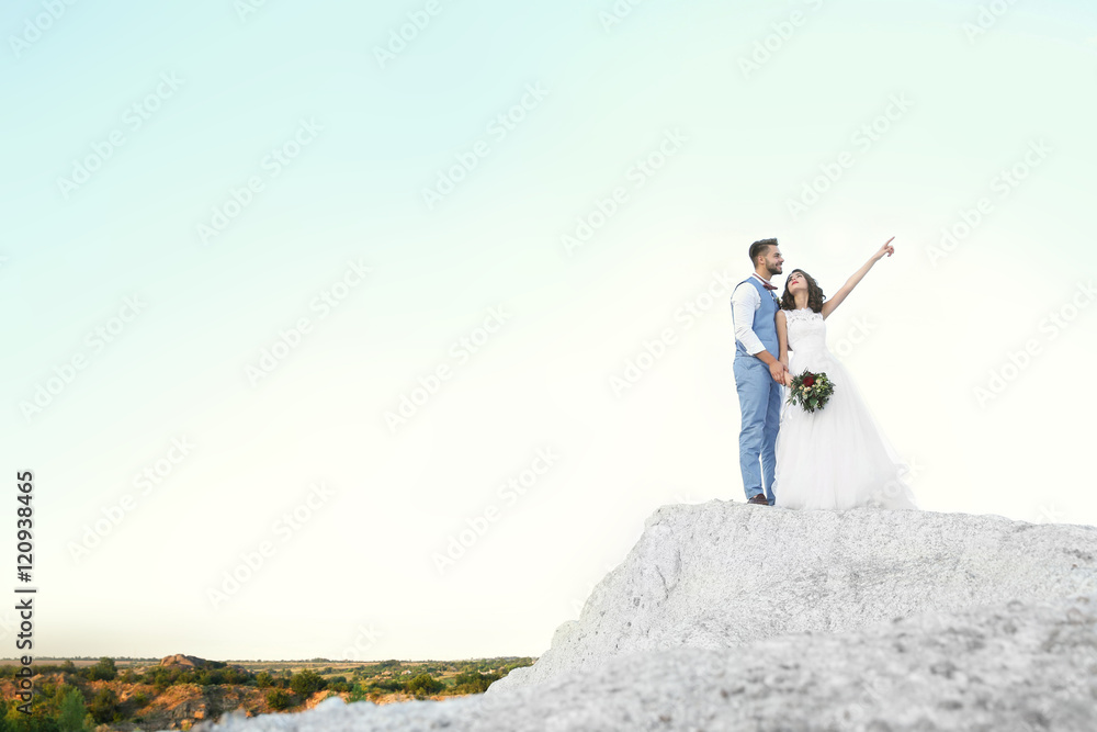 Bride and groom standing over beautiful landscape
