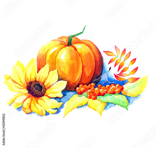 The Composition Of Autumn Leaves With Fruits And Vegetables Made By Hand Drawing Watercolor Isolated On The White Background Post Card Of Autumn Season With Flowers Buy This Stock Illustration And