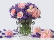 Bouquet of pink roses and lavender flowers in a vase. Romantic floral still life with bouquet of purple lavandula flowers and pink garden roses. Home decoration.
