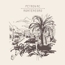 Sepia Sketch Drawing Of Petrovac Montenegro Street With Palm