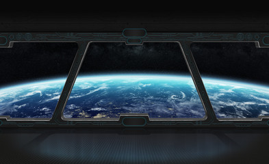 Aufkleber - View of planet Earth from inside a space station 3D rendering el