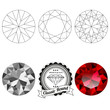 Set of classic round cut jewel views isolated on white background - top view, bottom view, realistic ruby, realistic diamond and badge. Can be used as part of logo, icon, web decor or other design.