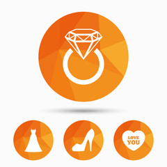 Wedding dress icon. Women's shoe symbol.