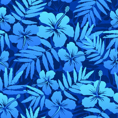 Blue tropical flowers seamless pattern