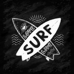 Wall Mural - White chalk vector crossing surfing boards with hand drawn sign Love, Live, SURF on chalkboard background