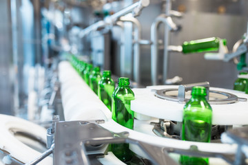 Water factory - Water bottling line for processing and bottling pure spring water into green glass small bottles. 