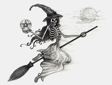 Art Skull Witch Halloween Day.Art Design Women Skull Witch Smiley Face Hand Pencil Halloween Day Hand Pencil Drawing On Paper.
