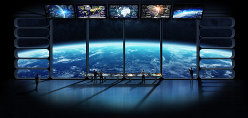 Wall Mural - Group of scientists observing the planet earth 3D rendering elem