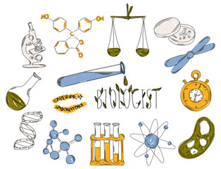 Wall Mural - Colourful childrens illustration with a pencil. The collection of linear hand drawn icons. Icons tools of the biologist. Chemical laboratories are. Vector