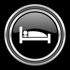 Poster - hotel silver chrome metallic round web icon on black background