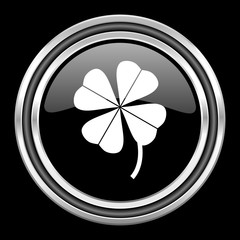 Aufkleber - four-leaf clover silver chrome metallic round web icon on black background