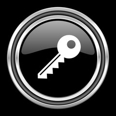 Poster - key silver chrome metallic round web icon on black background
