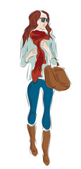 Wall Mural - Fashion Design Sketch of a Woman with Glasses and Boots