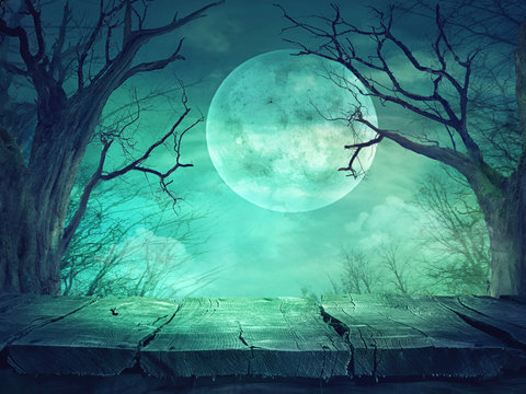 Fototapete -  - Spooky forest with full moon and wooden table