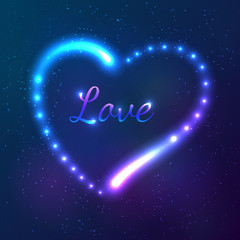 Wall Mural - Shining cosmic neon heart with sign Love