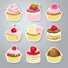 Cute Stickers With Sweet Cupcakes With Cream, Chocolate And Berries. Vector Illustration