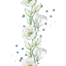 Elegant Seamless Border Made Of White Flowers And Sprays. To Design Cards, Invitations, And Posters. Watercolor Background. Handmade Drawing.