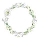 Fototapeta  - White flowers 4. A wreath for decoration of wedding cards, invitations and posters. Watercolor painting. Handmade drawing.